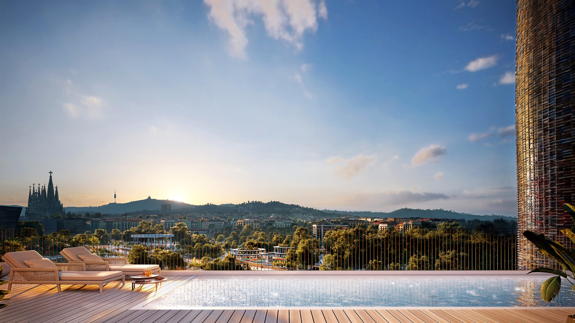 Atmospheric exterior render with strong sky and warm glazing.