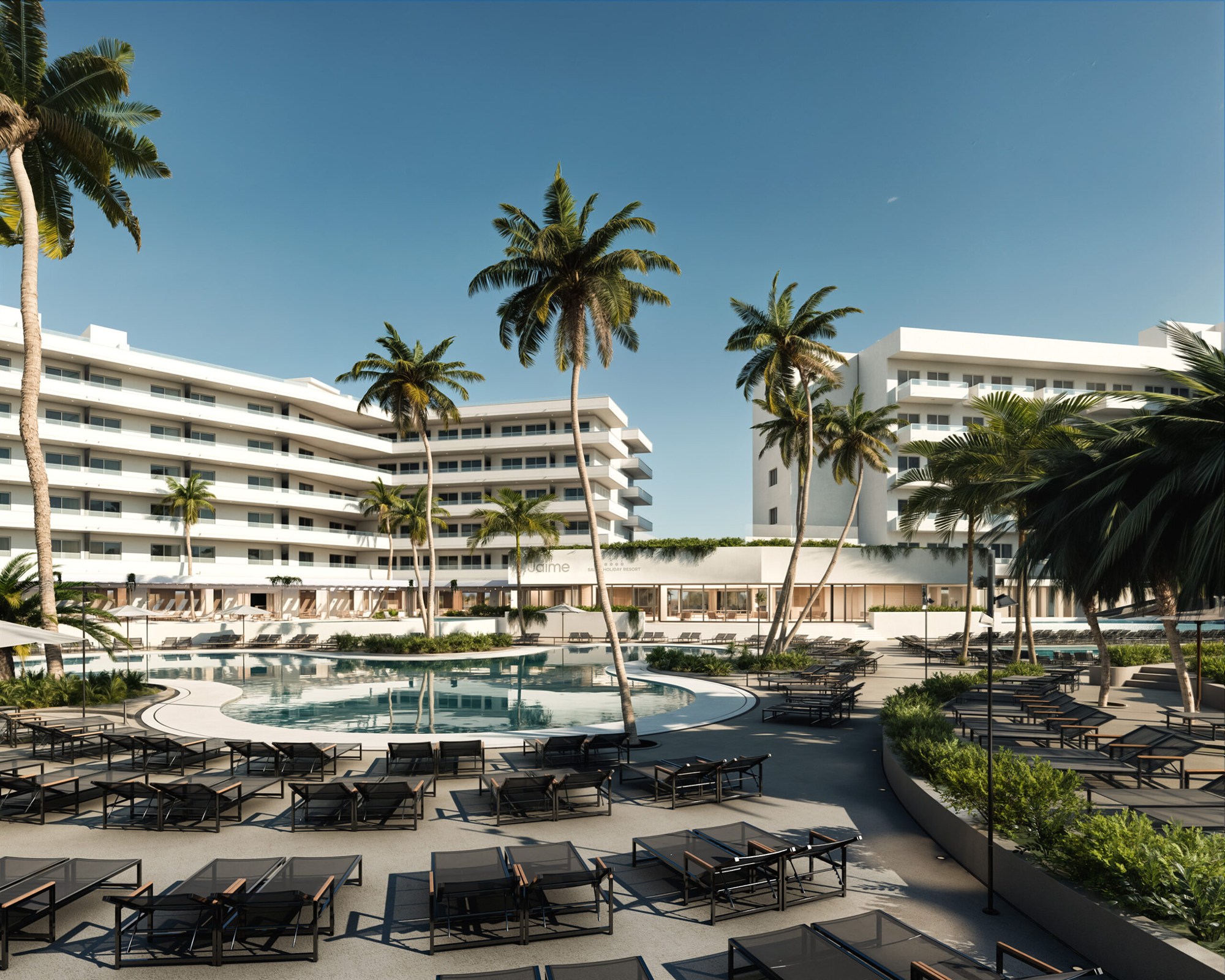 Exterior perspective of a residential project framed by landscape.