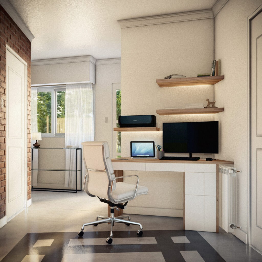 Interior render showing desk area and material detail.