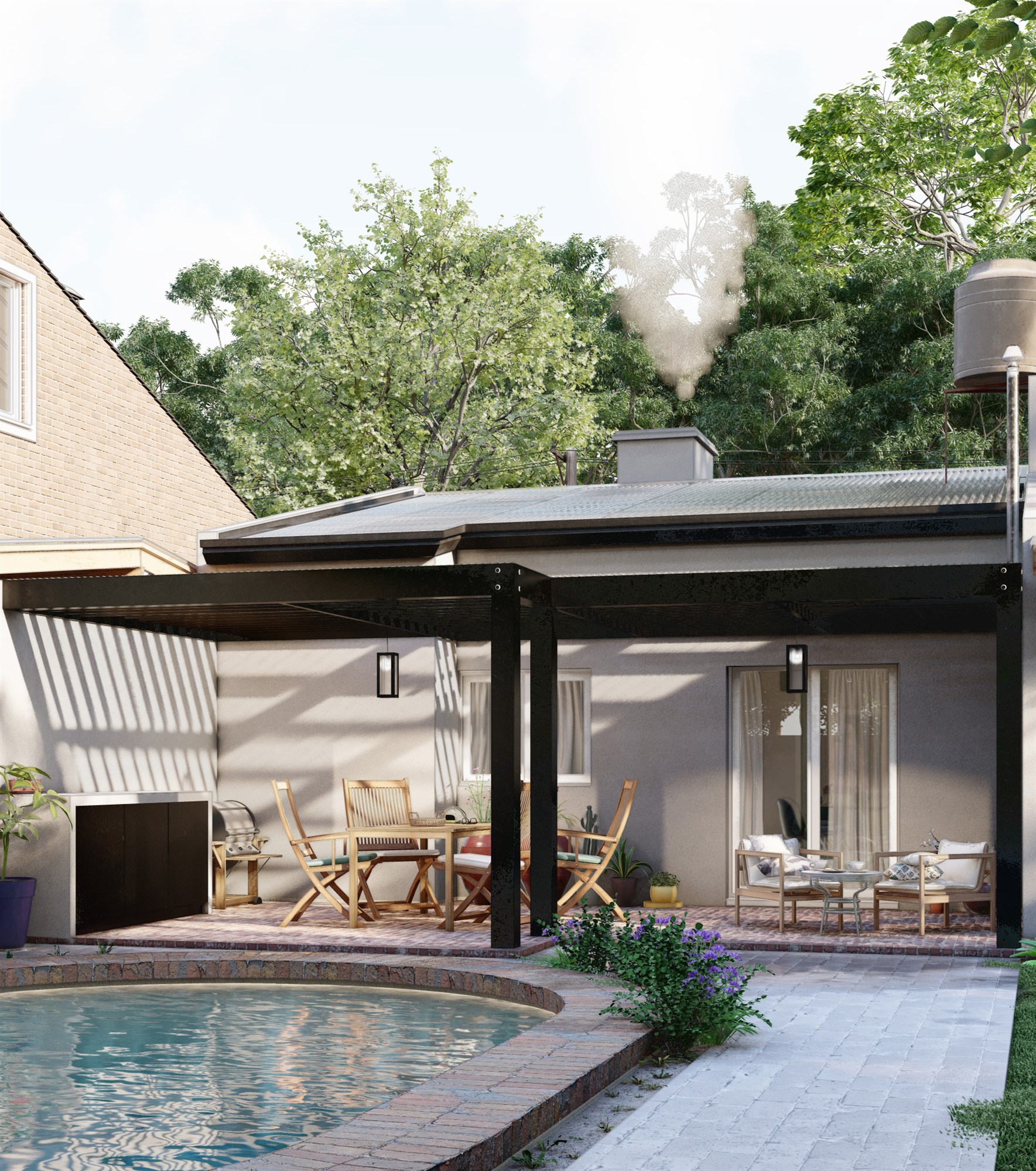 Vertical render of an added gallery space connected to an existing house.