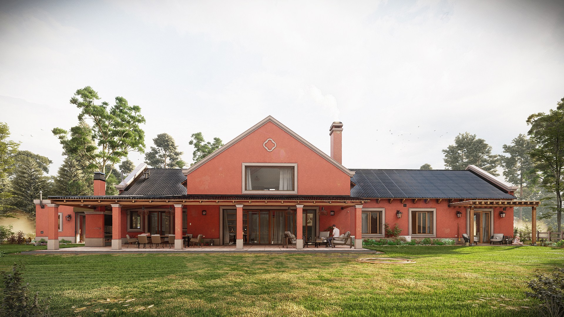 Warm exterior render used as a full-screen scene.