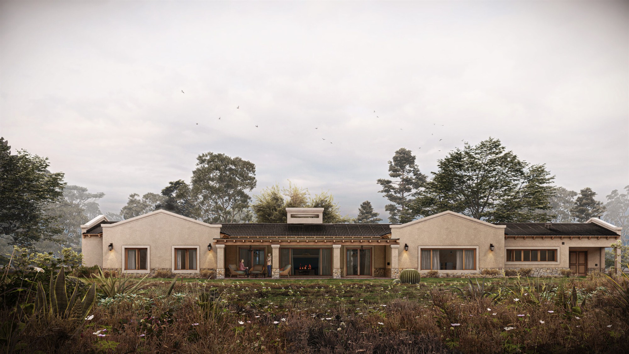 Wide architectural render with soft atmosphere.