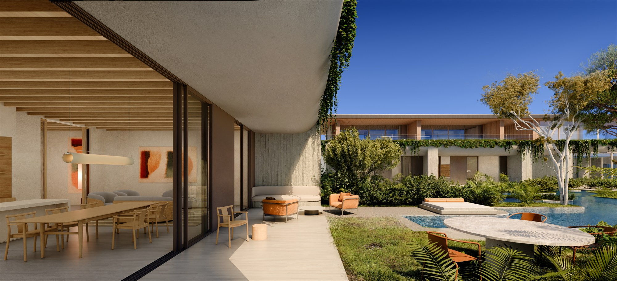 Large timber-lined architectural space with a bright central opening.