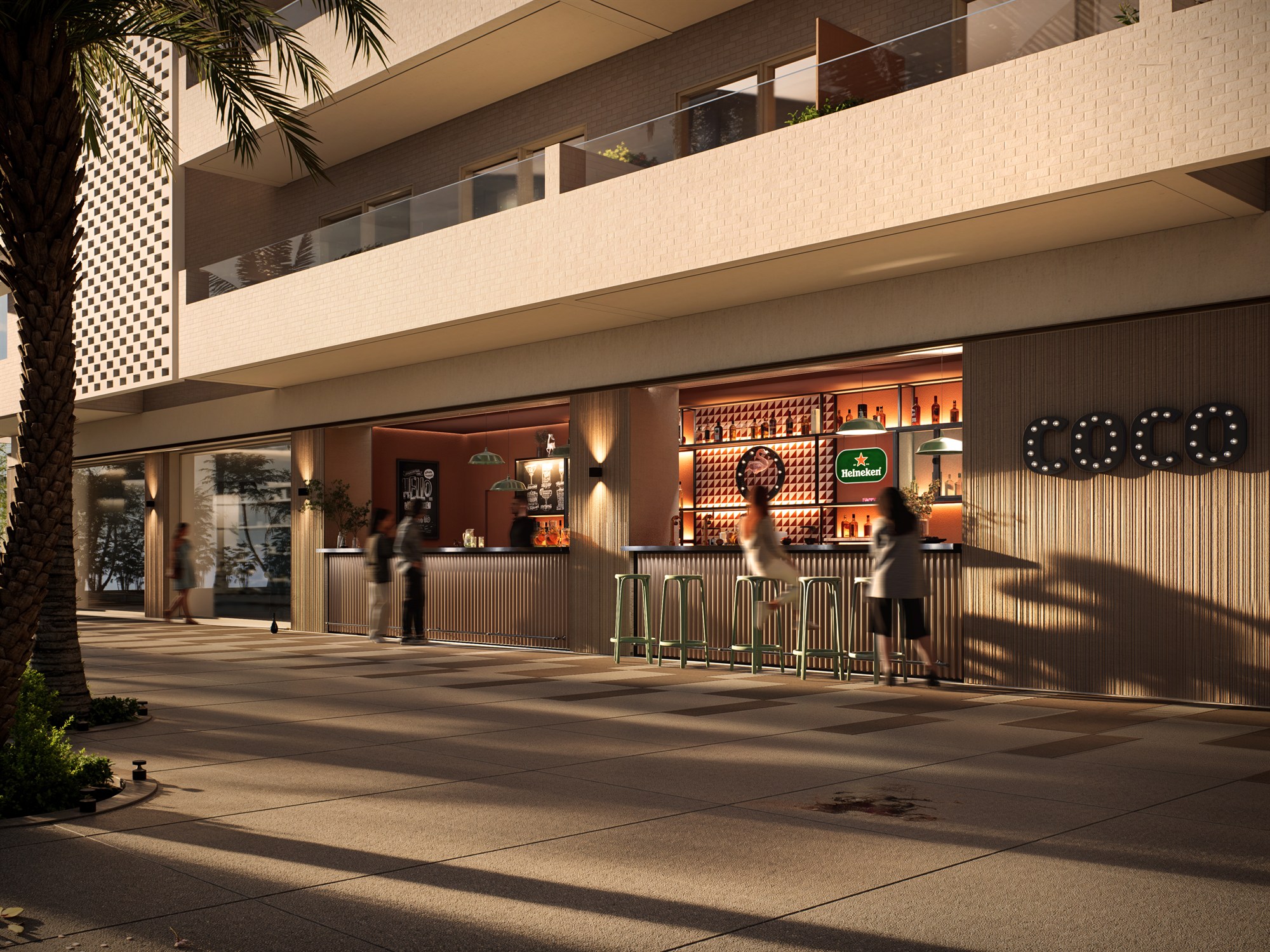 Restaurant interior render with warm wood finishes and a centered dining room view.