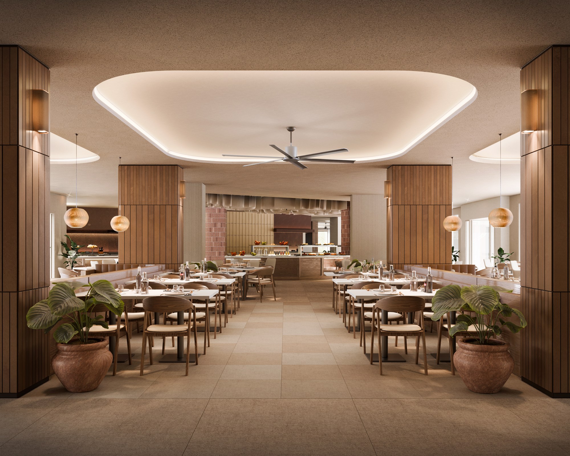 Exterior architectural render with a landscaped foreground and soft daylight.