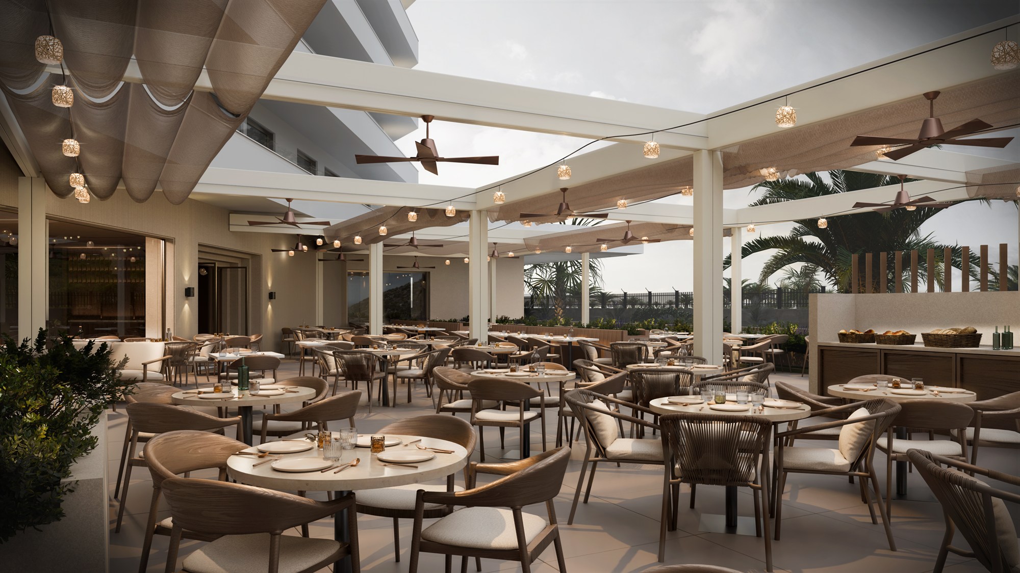 Full-screen architectural exterior render with a broad terrace view.